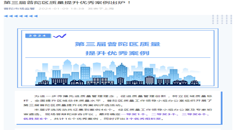 喜报|盛同公司获得“第三届普陀区质量提升优秀案例评选活动”三等奖 喜报|盛同公司获得“第三届普陀区质量提升优秀案例评选活动”三等奖